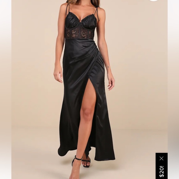 NWT Lulus Spellbinding Aura Black Satin Lace Tie-Strap Bustier Maxi Dress. - Picture 1 of 7